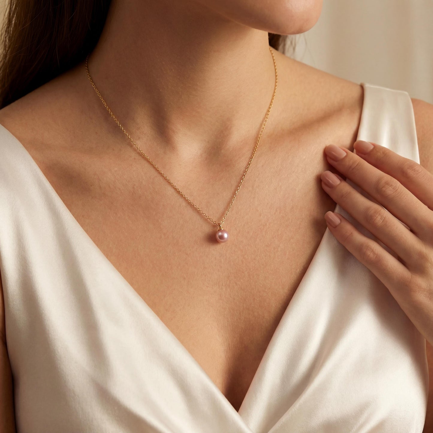 Woman wearing a gold necklace with a pink pendant, touching her shoulder.