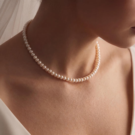 AAA+ Real 6-7 mm Pearl Necklace, Handmade Pearl Choker Necklace, Premium Quality, Hypoallergenic, Timeless Wedding Bridesmaid Jewelry Gift