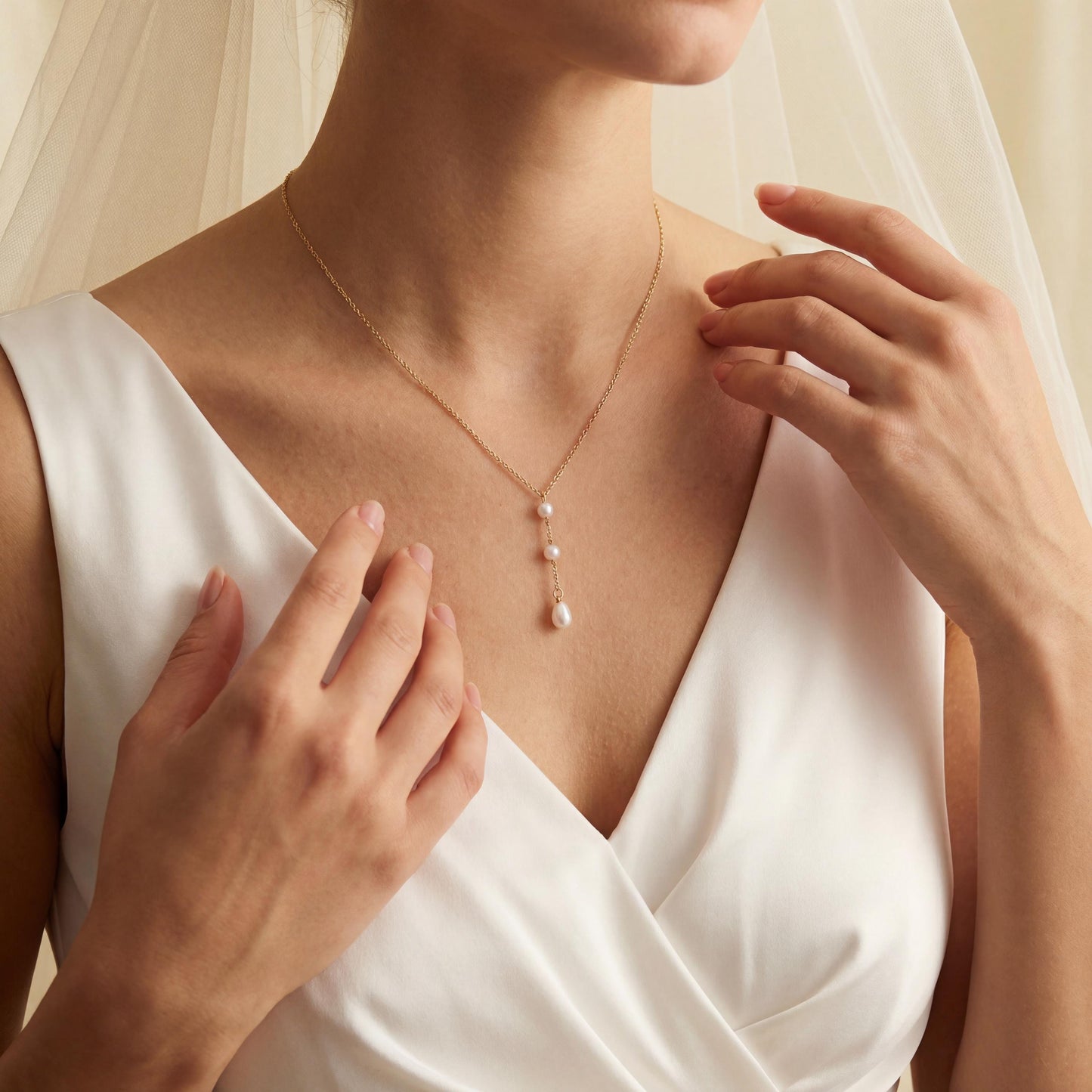 Woman wearing a delicate necklace with a pearl pendant, hands adjusting it.