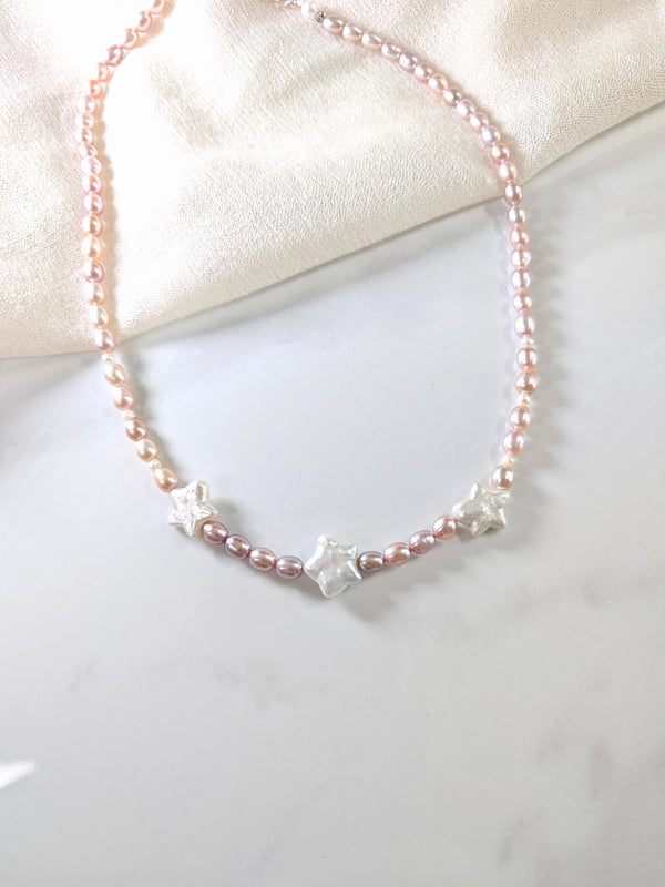 Freshwater Star Pearl Necklace: Celestial Star Necklace, Real Star Pearls With Blush Pink Purple Oval Pearls, Wedding and Valentine's Gift