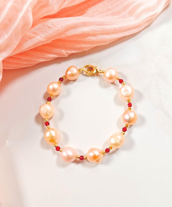 Real Freshwater Pearl Bracelet, Large 9.0-10mm Natural Orange Pearls, Premium Quality  Wedding Anniversary Jewelry, Handmade Bridesmaid Gift