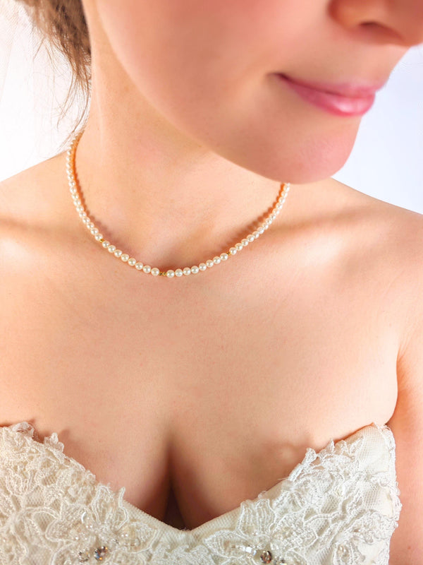 Real Freshwater Pearl Choker Necklace, White Almost Round Pearl Necklace, Premium 4-5mm Pearls With Gold Beads, Wedding Gift For Her
