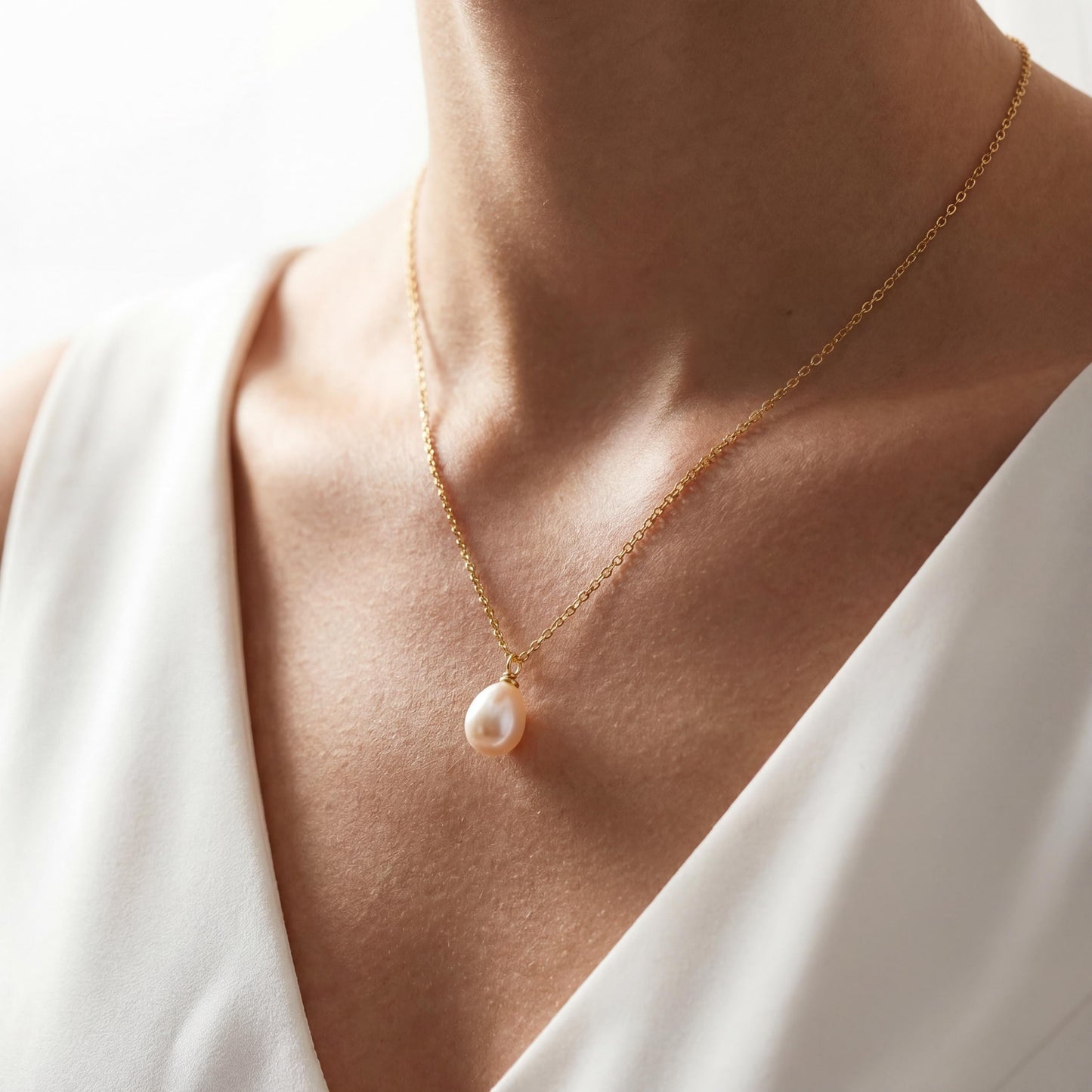 Gold necklace with a pearl pendant worn by a person in a white top.