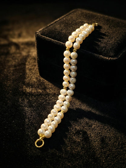 Handmade Double Stranded Real Pearls Bracelet, Semi Baroque Pearls With Tiny Gold Beads, Wedding Anniversary Gift, Bridesmaid Jewelry