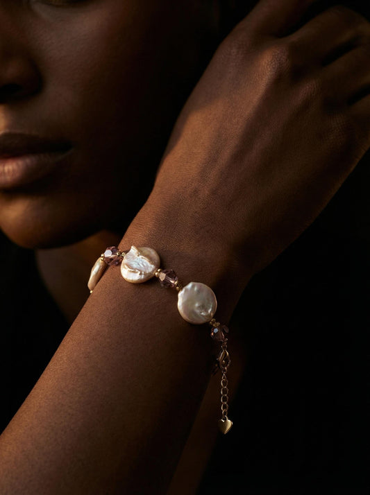 Real AAA High Luster Coin Pearl Bracelet, 15-16mm Coin Shaped Freshwater Pearls, Wedding Anniversary Jewelry and Handmade Bridesmaid Gift