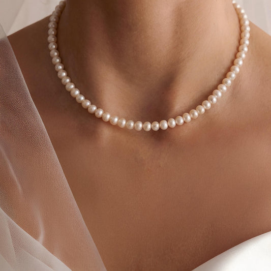 AAA+ Real 6-7 mm Pearl Necklace, Handmade Pearl Choker Necklace, Premium Quality, Hypoallergenic, Timeless Wedding Bridesmaid Jewelry Gift