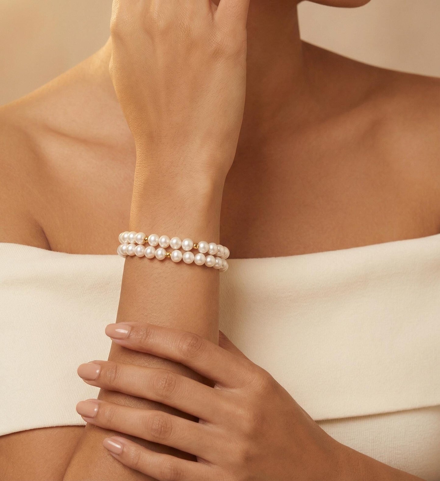 Handmade Double Stranded Real Pearls Bracelet, Semi Baroque Pearls With Tiny Gold Beads, Wedding Anniversary Gift, Bridesmaid Jewelry