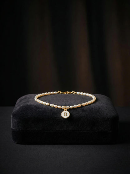 Personalized Initial Pearl Bracelet: 2-3mm Elongated Rice Pearls, Unique Handmade pearl bracelet, Wedding & Anniversary Gift for Her